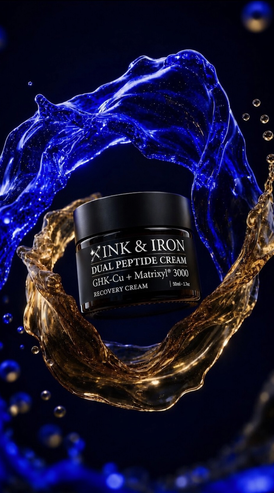 A black cosmetic jar labeled 'INK & IRON DUAL PEPTIDE CREAM' centered against a dark blue background with dramatic blue and gold liquid splash effects.